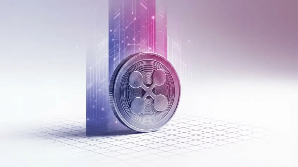 XRP cryptocurrency coin on white surface with purple-magenta gradient data visualization background