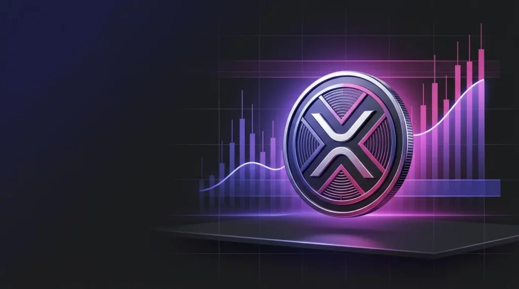 Spot Volume Hits 6-Month High XRP-inspired coin above a glowing market volume chart with indigo and magenta financial lighting
